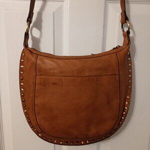 Brown Leather Hobo Crossbody - Studded Brass